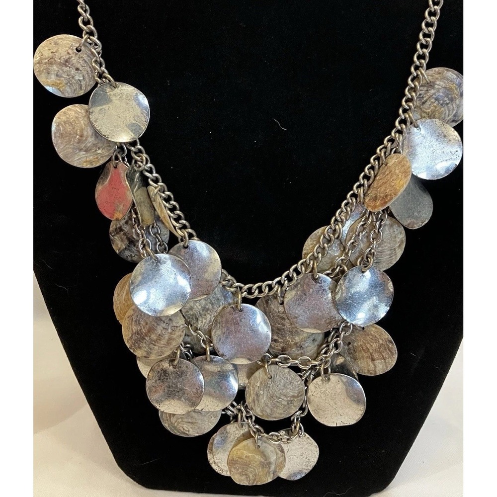 Runway Fashion Boho Abalone Shell Disc Statement Necklace Shimmer Silver Tone